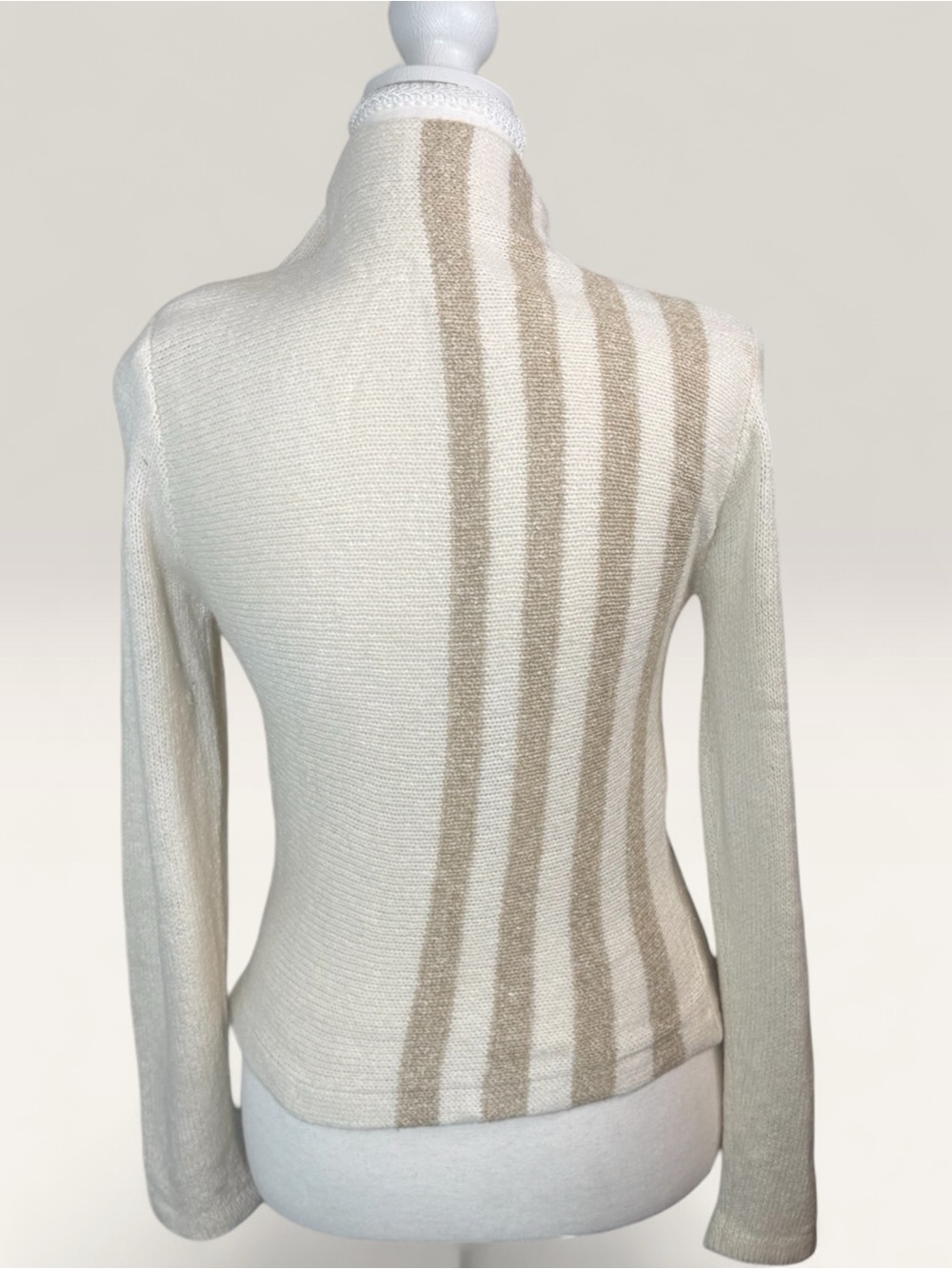 Vintage Funnel Neck Striped Button Up Cardigan Sweater Cream silk/angora - Picture 4 of 10